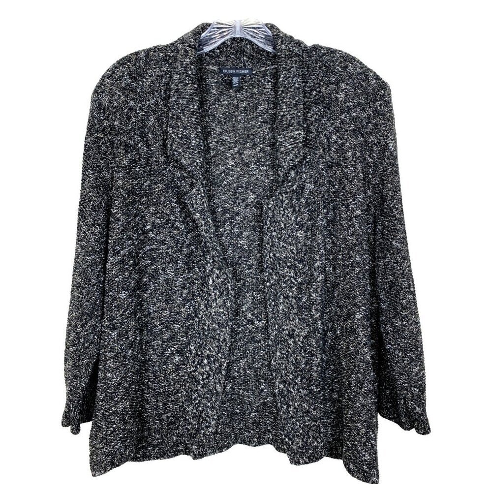 Eileen Fisher Womens M Cardigan Sweater Open Front Black Organic Cotton Linen